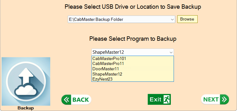 Select location and program to backup-&nbsp; Click to view Browse example